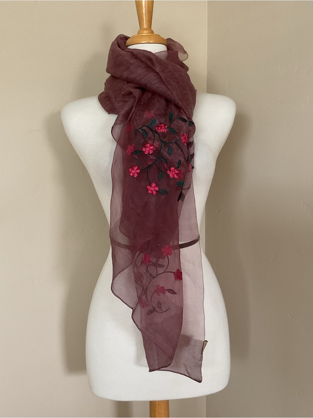 Sheer Floral Embroidered Scarf Silk Wool Blend